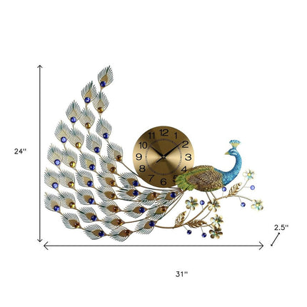 31" Gold Blue And Green Silent Analog Peacock Novelty Wall Clock HomeRoots