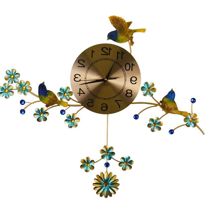 24" Blue Green And Gold Metal Silent Pendulum Floral Wall Clock HomeRoots