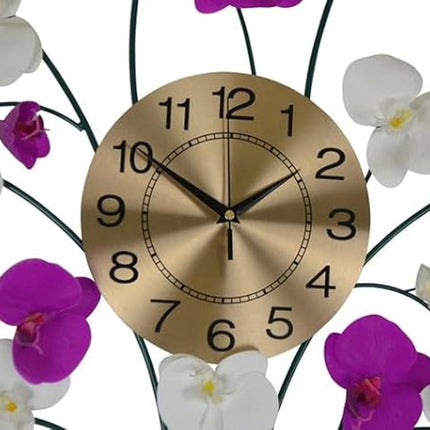 30" Purple White And Gold Metal Silent Analog Floral Novelty Wall Clock HomeRoots
