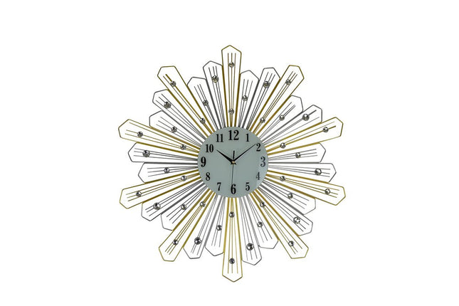 27" Gold Silver And Metal And Faux Crystals Silent Analog Sunburst Wall Clock