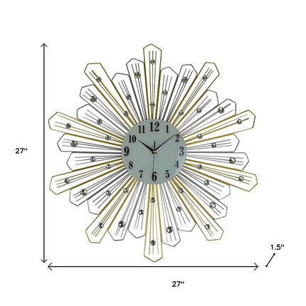 27" Gold Silver And Metal And Faux Crystals Silent Analog Sunburst Wall Clock