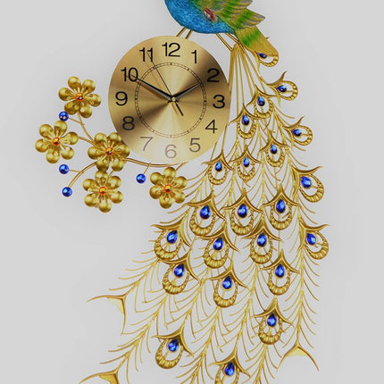 21" Blue Green And Gold Metal Silent Analog Peacock Novelty Wall Clock HomeRoots