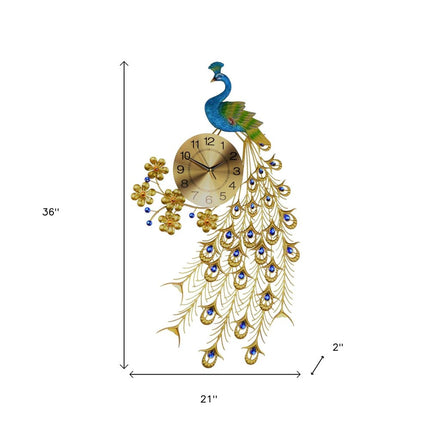 21" Blue Green And Gold Metal Silent Analog Peacock Novelty Wall Clock HomeRoots