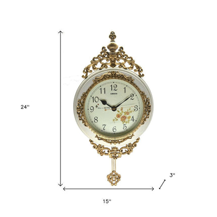 15" Ivory And Gold Resin Silent Pendulum Ornate Round Wall Clock HomeRoots
