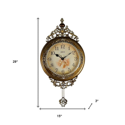 15" Gold And Silver Resin Silent Pendulum Ornate Round Wall Clock HomeRoots