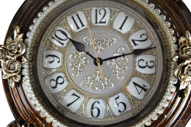 16" Brown And Silver Resin Silent Pendulum Ornate Oval Wall Clock HomeRoots