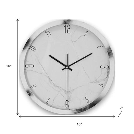 16" White And Black Heavy Duty Plastic Silent Analog Marble Round Wall Clock HomeRoots