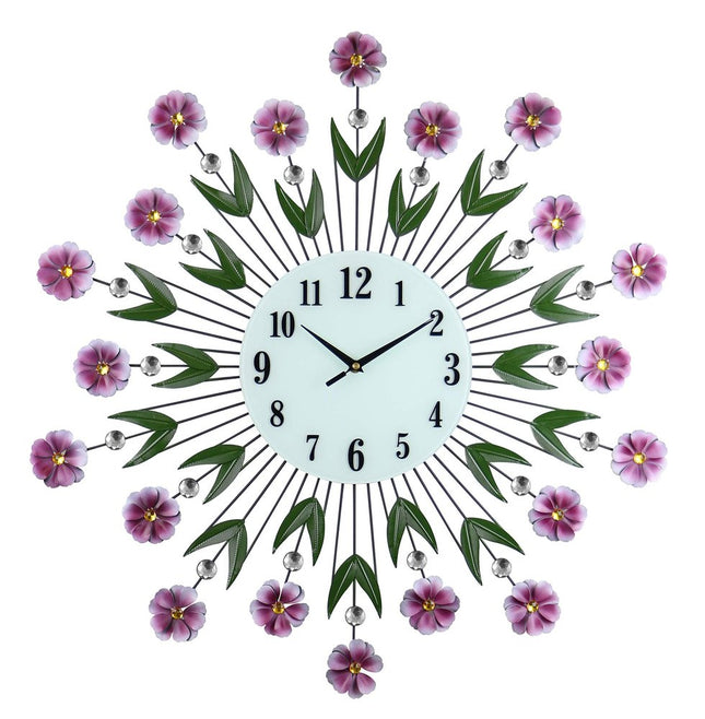 27" Purple Green And White Metal and Glass Silent Analog Floral Round Wall Clock HomeRoots