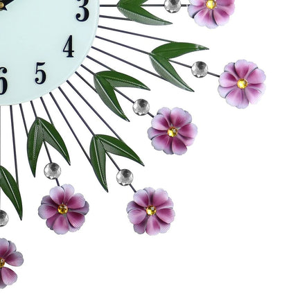 27" Purple Green And White Metal and Glass Silent Analog Floral Round Wall Clock