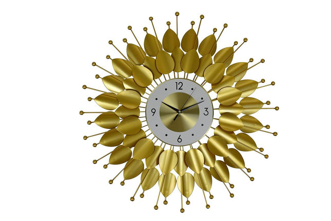 28" Gold And White Silent Analog Floral Sunburst Wall Clock HomeRoots