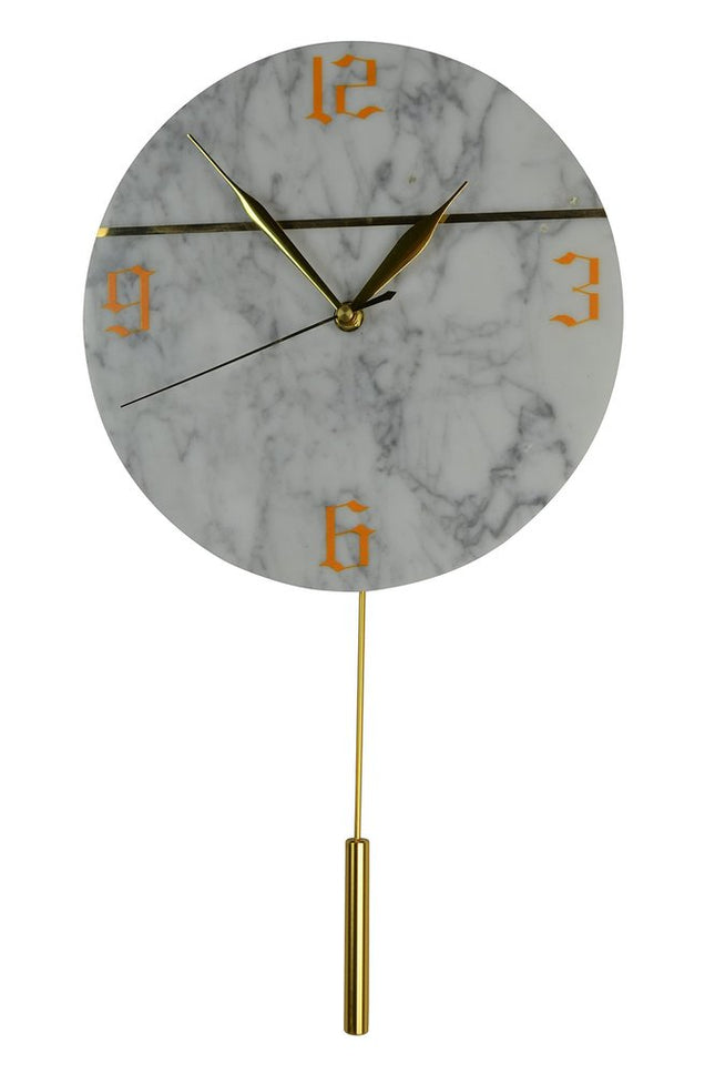 10" White And Gold Silent Pendulum Marble Round Wall Clock HomeRoots