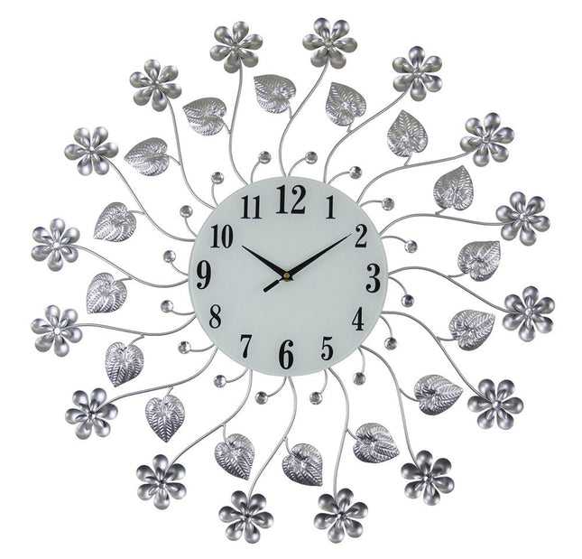 27" Silver White And Black Metal and Glass Silent Analog Floral Round Wall Clock HomeRoots