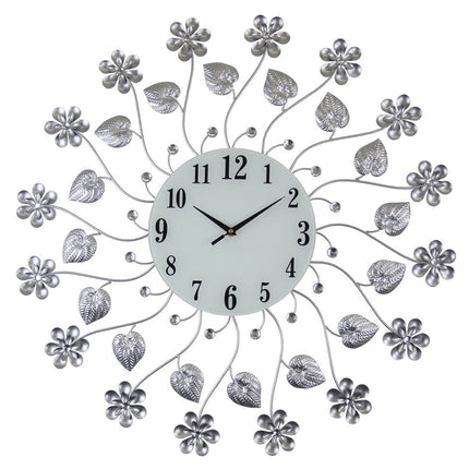 27" Silver White And Black Metal and Glass Silent Analog Floral Round Wall Clock HomeRoots