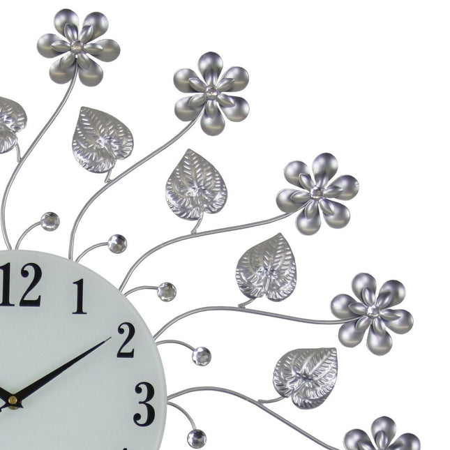 27" Silver White And Black Metal and Glass Silent Analog Floral Round Wall Clock HomeRoots