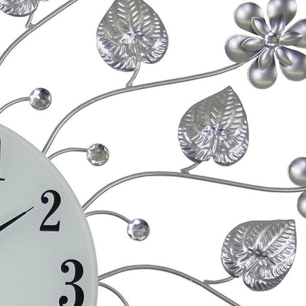 27" Silver White And Black Metal and Glass Silent Analog Floral Round Wall Clock HomeRoots