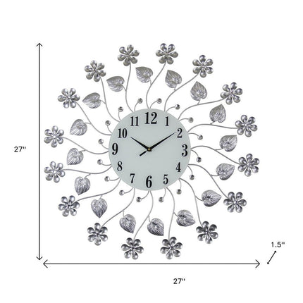 27" Silver White And Black Metal and Glass Silent Analog Floral Round Wall Clock HomeRoots