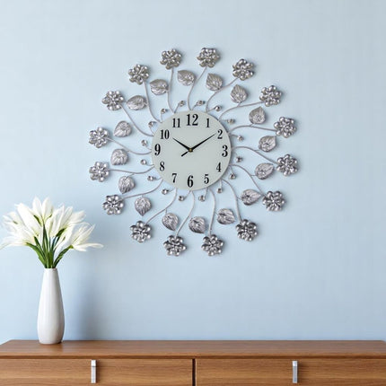 27" Silver White And Black Metal and Glass Silent Analog Floral Round Wall Clock HomeRoots