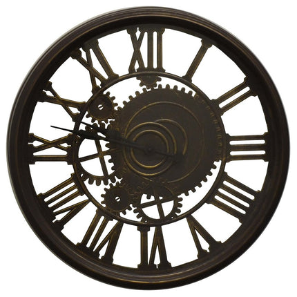 20" Antiqued Gold And Brown Heavy Duty Plastic Silent Skeleton Distressed Exposed Gear Round Wall Clock HomeRoots