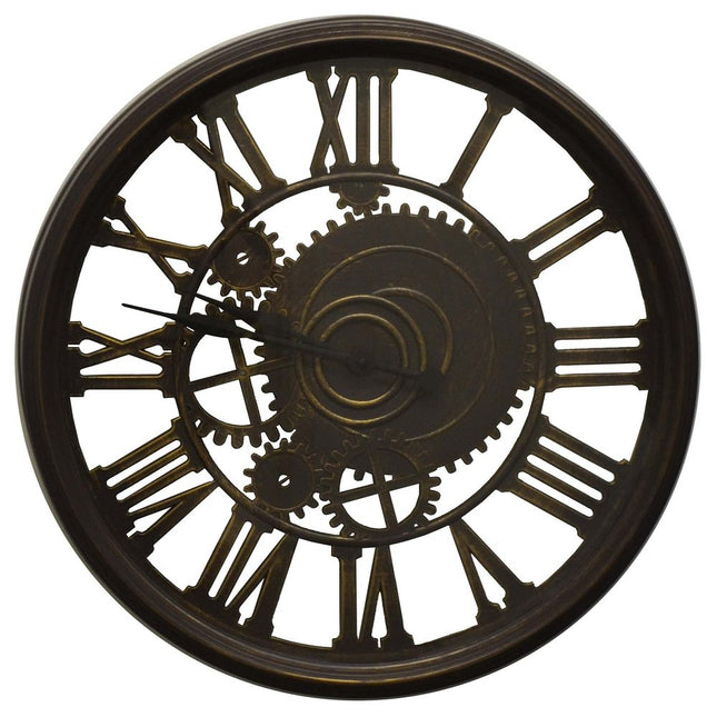 20" Antiqued Gold And Brown Heavy Duty Plastic Silent Skeleton Distressed Exposed Gear Round Wall Clock HomeRoots