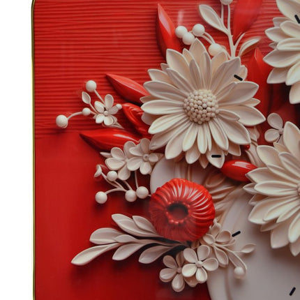 24" White Red And Black Solid Wood and Acrylic Silent Analog Floral Wall Clock HomeRoots