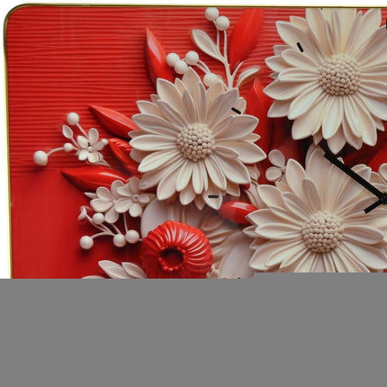 24" White Red And Black Solid Wood and Acrylic Silent Analog Floral Wall Clock HomeRoots