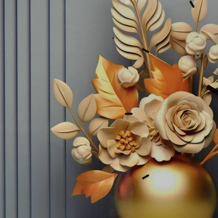 24" Beige Gold And Gray Solid Wood and Acrylic Silent Analog Floral Wall Clock HomeRoots