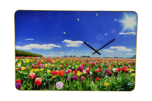 24" Blue Red And Gold Solid Wood and Acrylic Silent Tulips Floral Wall Clock HomeRoots
