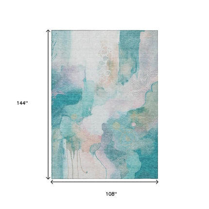 9' X 12' Turquoise Blush And Ivory Abstract Washable Indoor Outdoor Area Rug HomeRoots