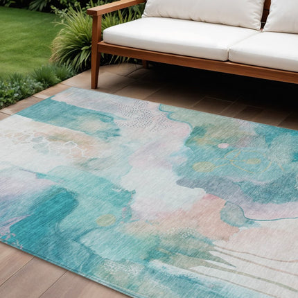 9' X 12' Turquoise Blush And Ivory Abstract Washable Indoor Outdoor Area Rug