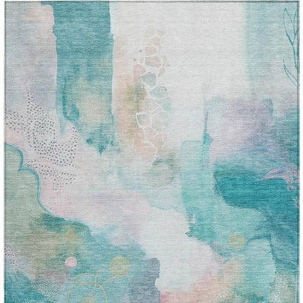 9' X 12' Turquoise Blush And Ivory Abstract Washable Indoor Outdoor Area Rug