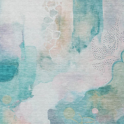 9' X 12' Turquoise Blush And Ivory Abstract Washable Indoor Outdoor Area Rug