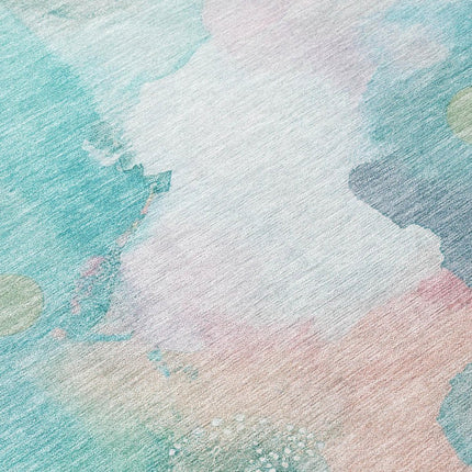 9' X 12' Turquoise Blush And Ivory Abstract Washable Indoor Outdoor Area Rug