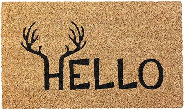 24" X 36" Natural And Black Hello With Antlers Outdoor Coir Door Mat HomeRoots