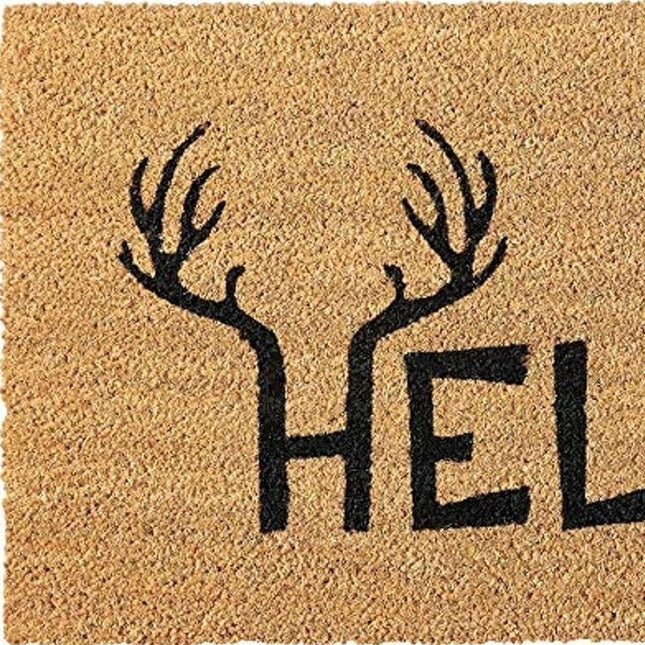 24" X 36" Natural And Black Hello With Antlers Outdoor Coir Door Mat HomeRoots