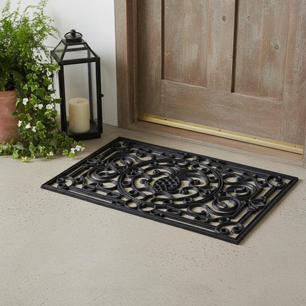 24" X 36" Black Pineapple And Scrollwork Outdoor Rubber Door Mat HomeRoots