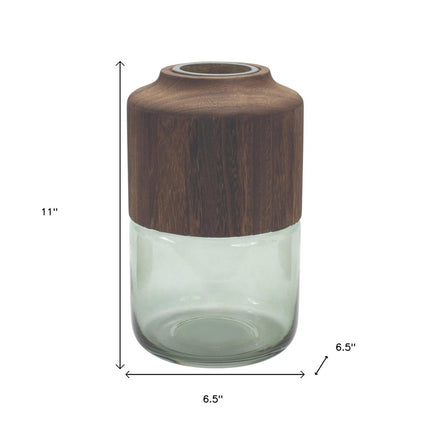 11" Brown And Sage Glass Round Table Vase With Wood HomeRoots
