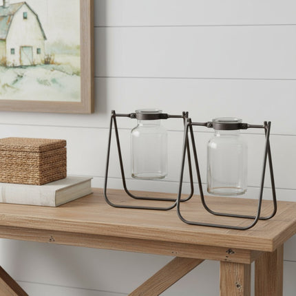 Set of Two Clear And Brown Glass And Metal Round Table Vases HomeRoots