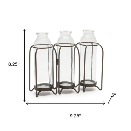 8" Black And Clear Glass And Metal Triple Test Tube Table Vase HomeRoots