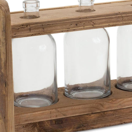 10" Clear And Brown Glass And Wood Three Bottle Table Vase HomeRoots