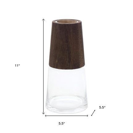 Set of Two Brown And Clear Glass Tapered Table Vases With Wood HomeRoots