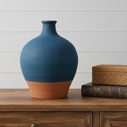 9" Blue And Terra Cotta Ceramic Round Urn HomeRoots