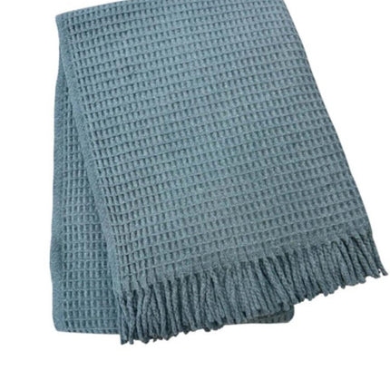55" X 70" Slate Blue Cotton Blend Waffle Weave Throw Blanket with Fringe HomeRoots