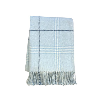 50" X 67" Sky Blue And White Plaid Cotton Blend Woven Throw Blanket with Fringe HomeRoots