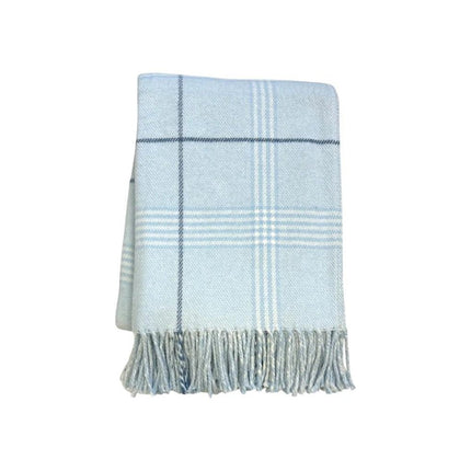 50" X 67" Sky Blue And White Plaid Cotton Blend Woven Throw Blanket with Fringe HomeRoots