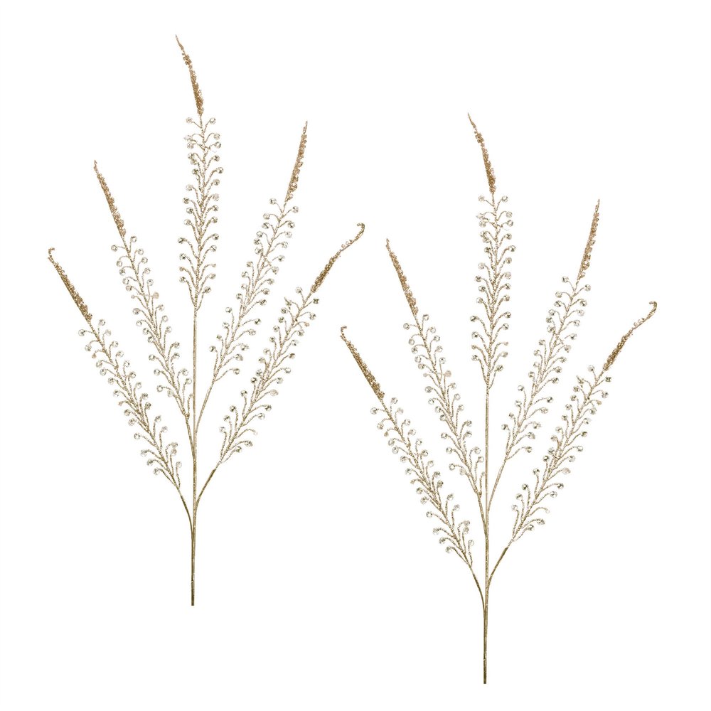 Set of Two Gold And Clear Faux Crystal Beaded Linear Fern Wreath Sprays