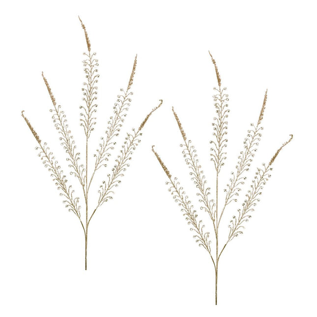 Set of Two Gold And Clear Faux Crystal Beaded Linear Fern Wreath Sprays HomeRoots