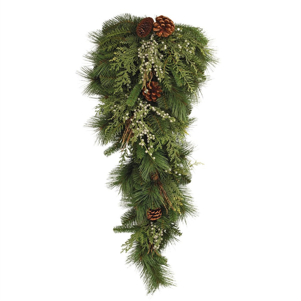 17" Brown And Green Winter Linear Juniper And Pinecone Wreath Wall Swag