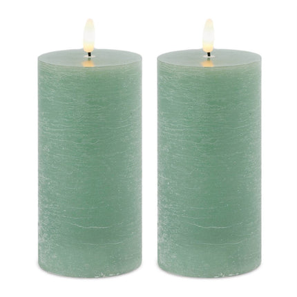 Set of Two Green Unscented Candle Flameless Pillar Candles HomeRoots