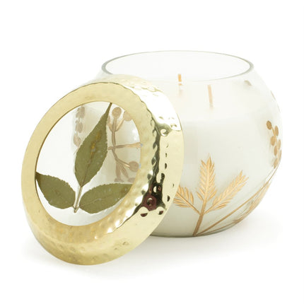 5" White Juniper Scented Two Wick Candle In Clear And Gold Glass Leaf Holder HomeRoots