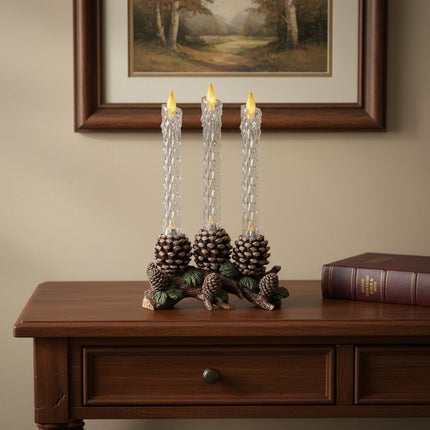 Set of Three Clear Flameless Taper Candles In Brown And Green Resin Pinecone Holder HomeRoots